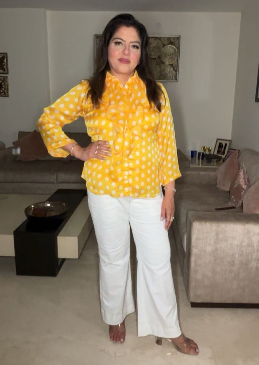 Long Sleeve Blouse - Yellow Satin Top with White Polka Dots