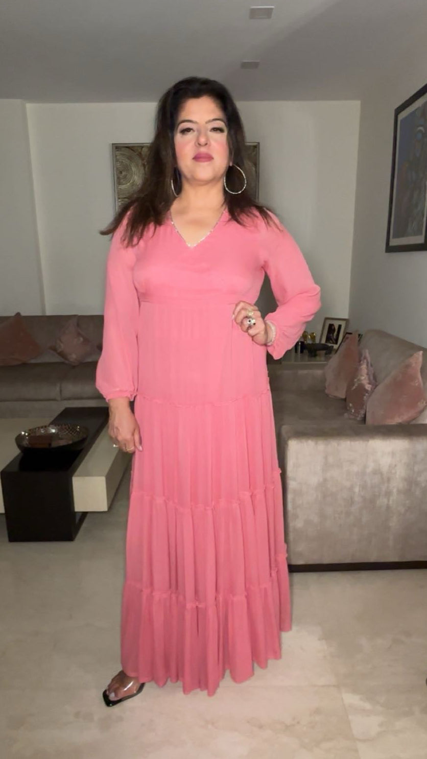 Peach Viscose Georgette Dress with Stone Lace