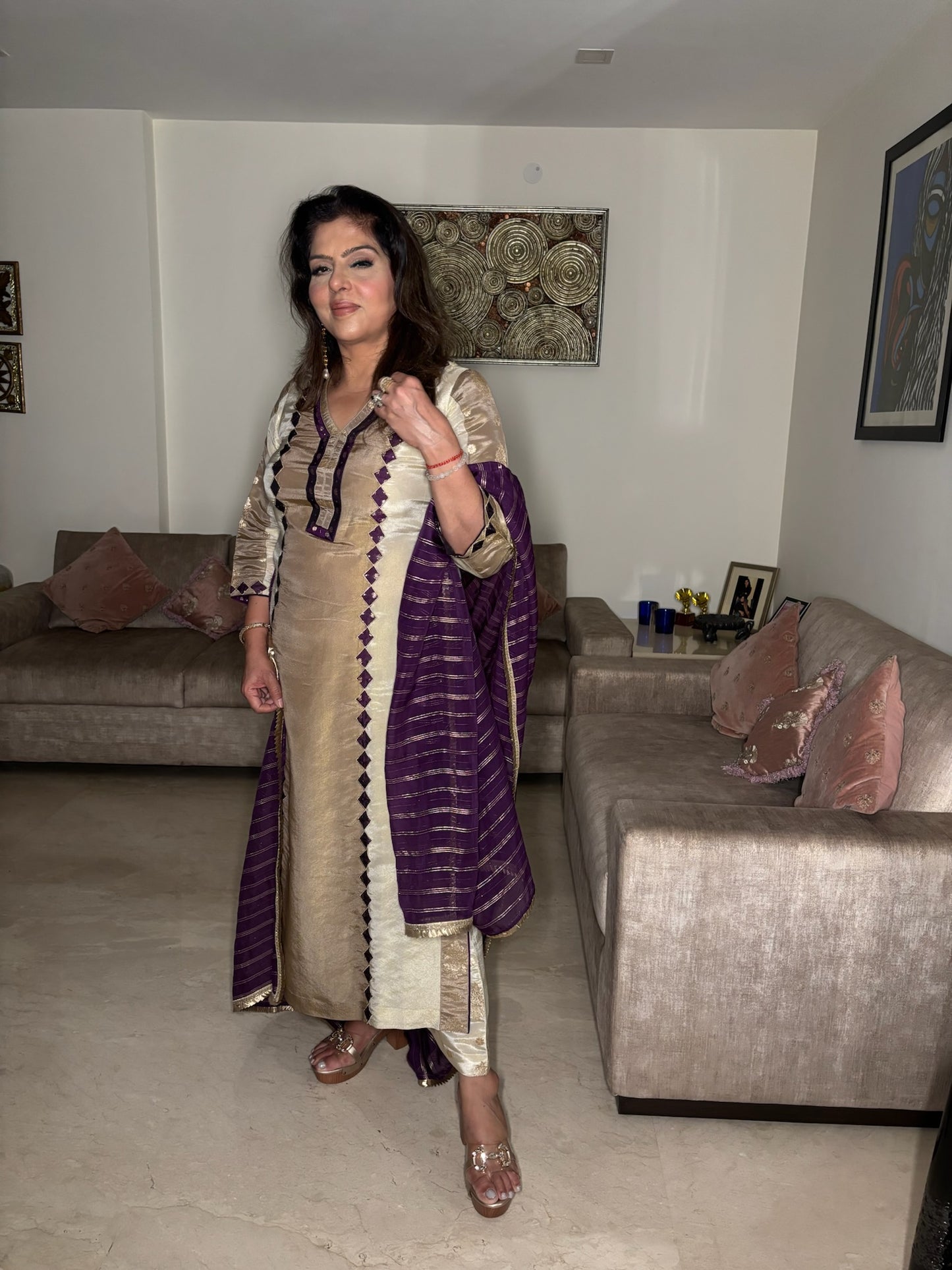 Beige Tissue Suit with Chunni and Pants