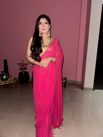 Pink Saree with Gold Blouse