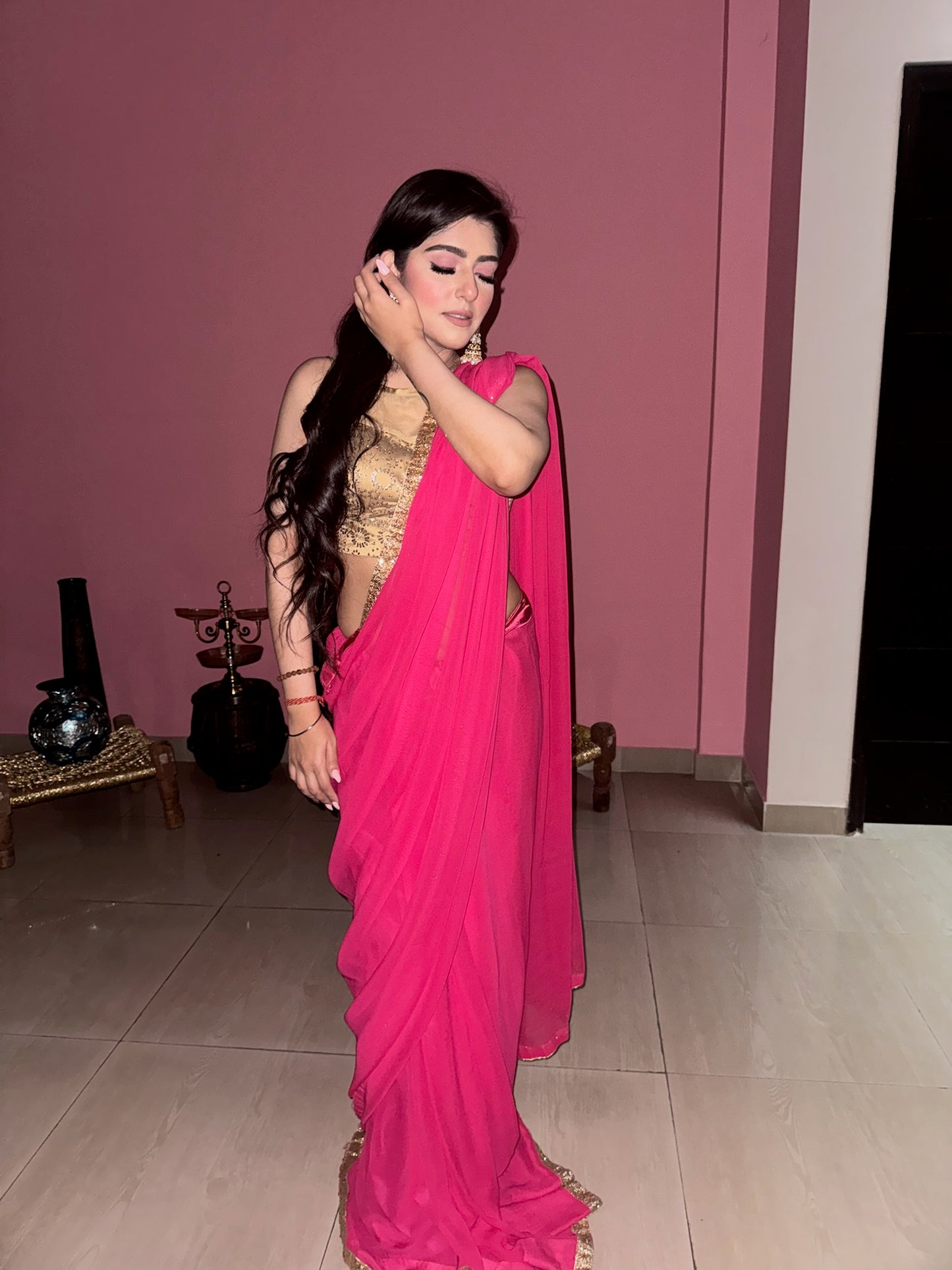 Pink Saree with Gold Blouse