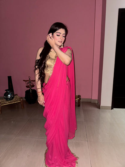 Pink Saree with Gold Blouse