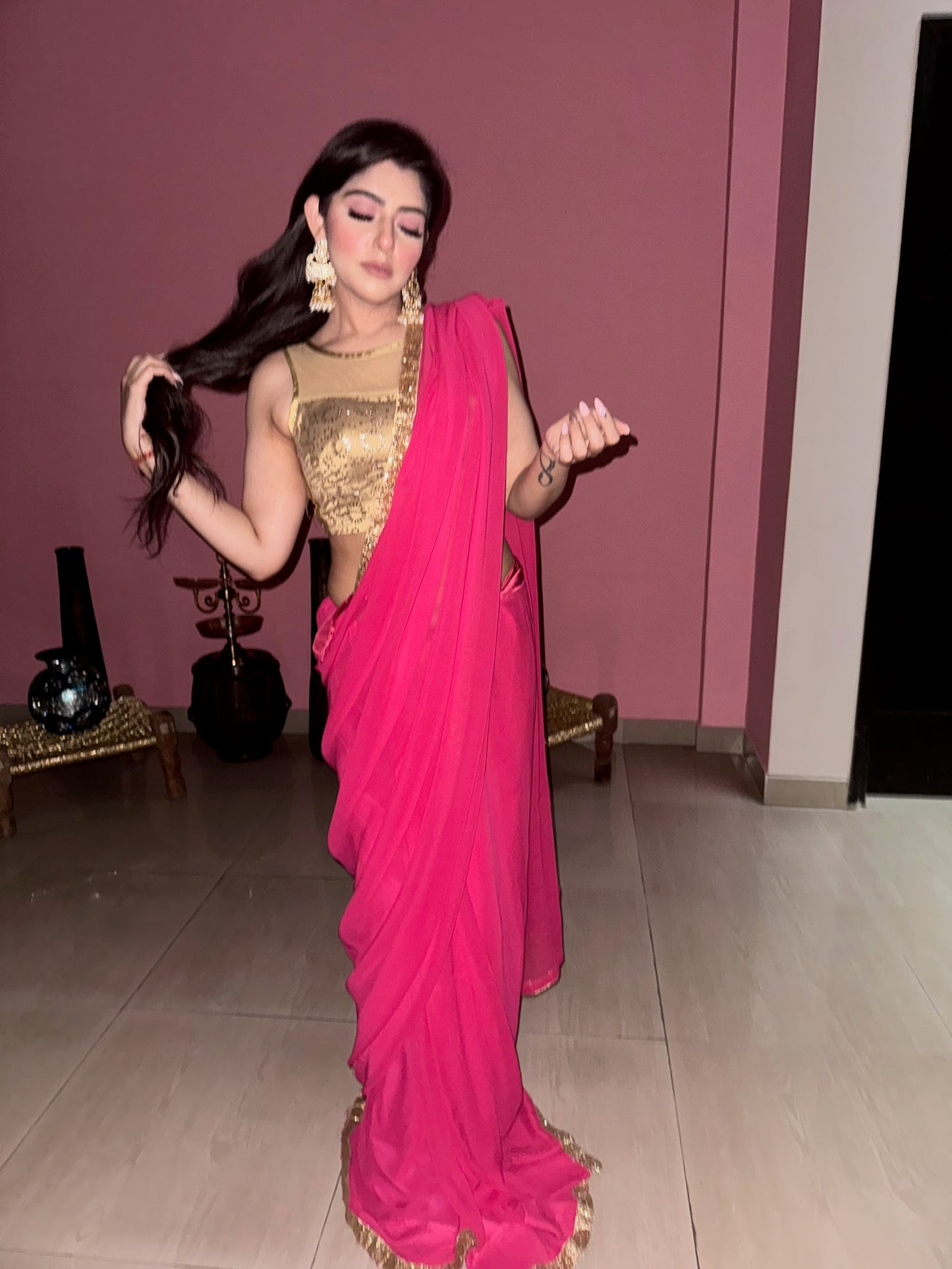 Pink Saree with Gold Blouse