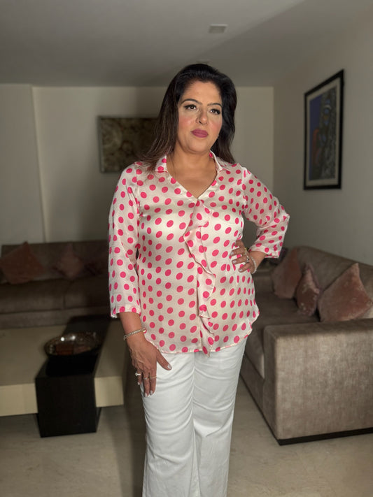 Long Sleeve Blouse - White Satin Top with Polka Dots