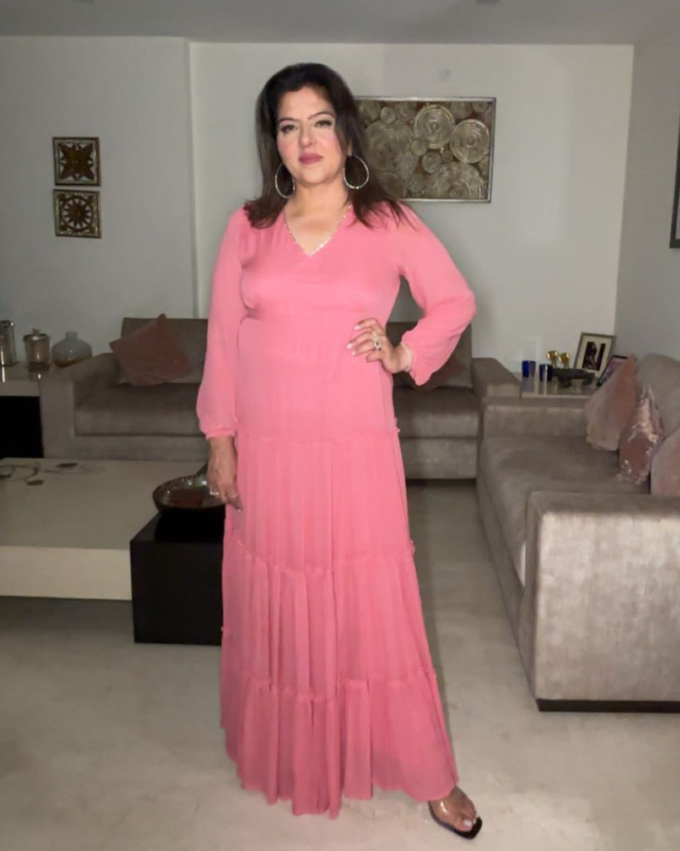 Peach Viscose Georgette Dress with Stone Lace