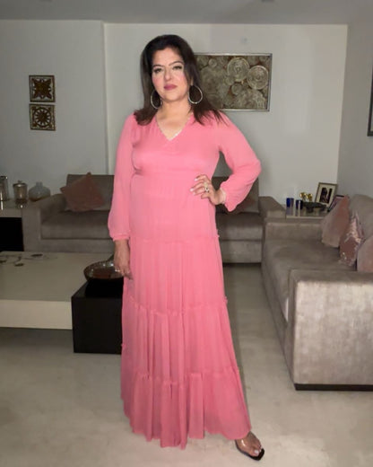 Peach Viscose Georgette Dress with Stone Lace