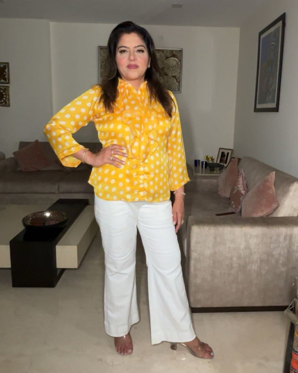 Long Sleeve Blouse - Yellow Satin Top with White Polka Dots