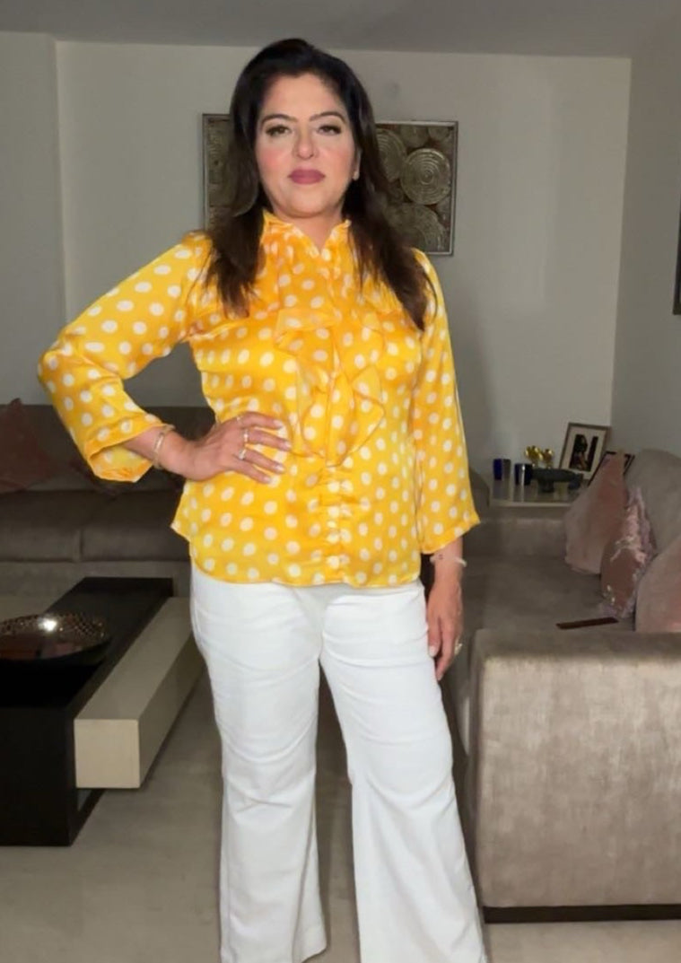 Long Sleeve Blouse - Yellow Satin Top with White Polka Dots