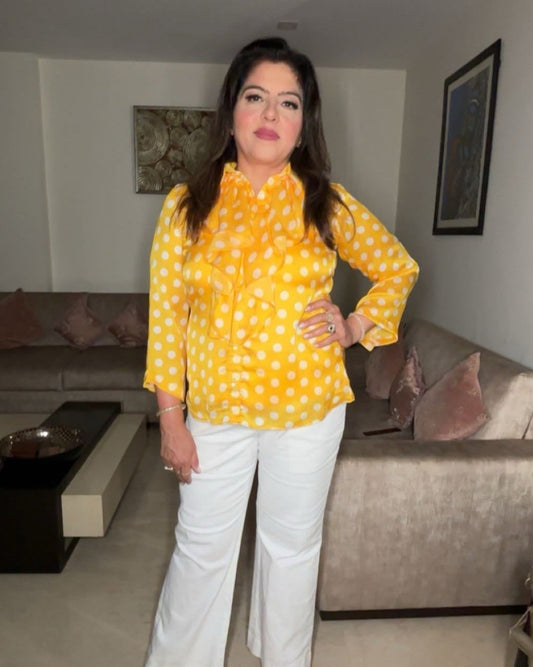 Long Sleeve Blouse - Yellow Satin Top with White Polka Dots