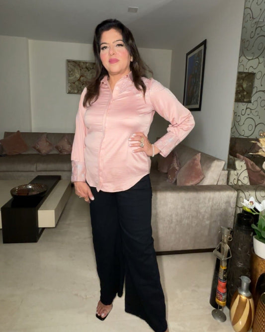 Pink Satin Top with Silvery Embroidery