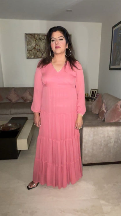 Peach Viscose Georgette Dress with Stone Lace