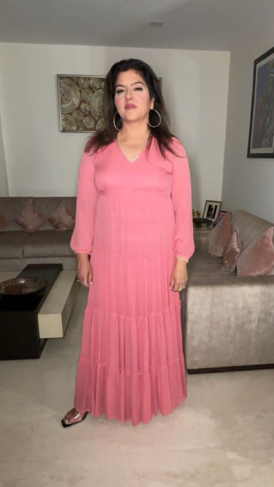 Peach Viscose Georgette Dress with Stone Lace