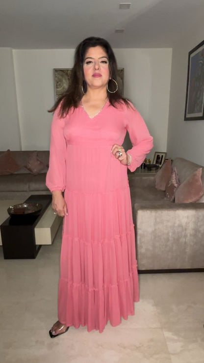 Peach Viscose Georgette Dress with Stone Lace