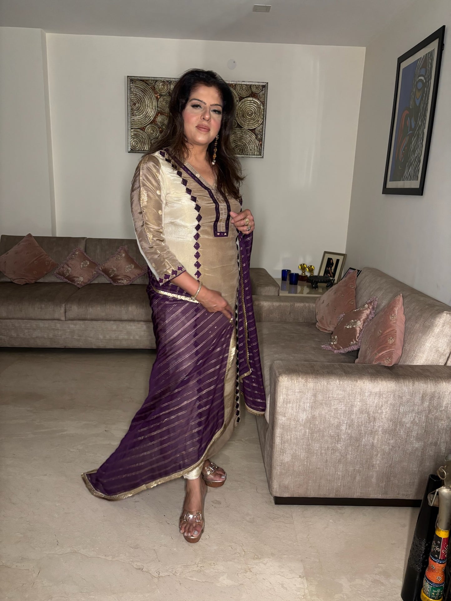 Beige Tissue Suit with Chunni and Pants