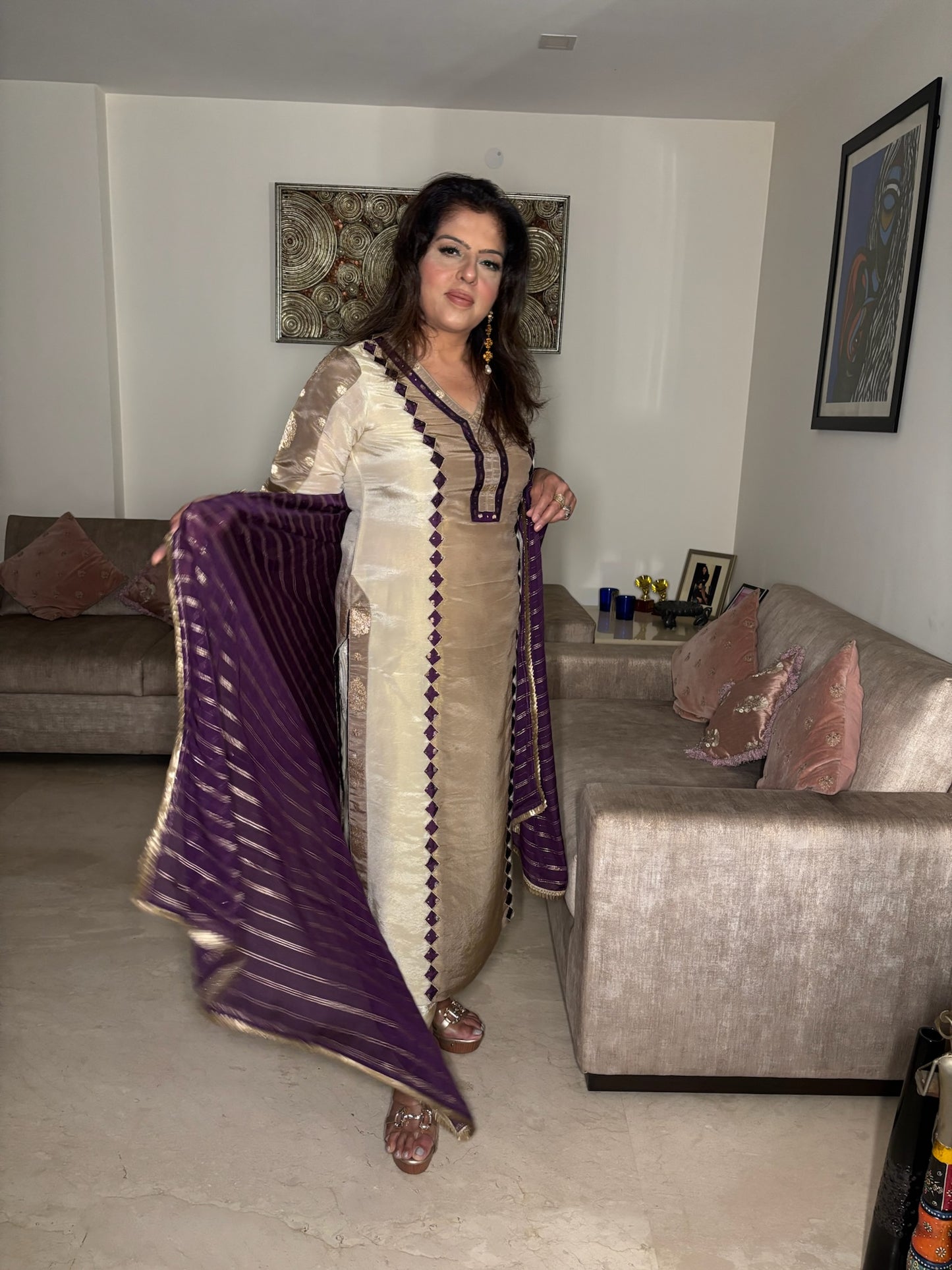 Beige Tissue Suit with Chunni and Pants