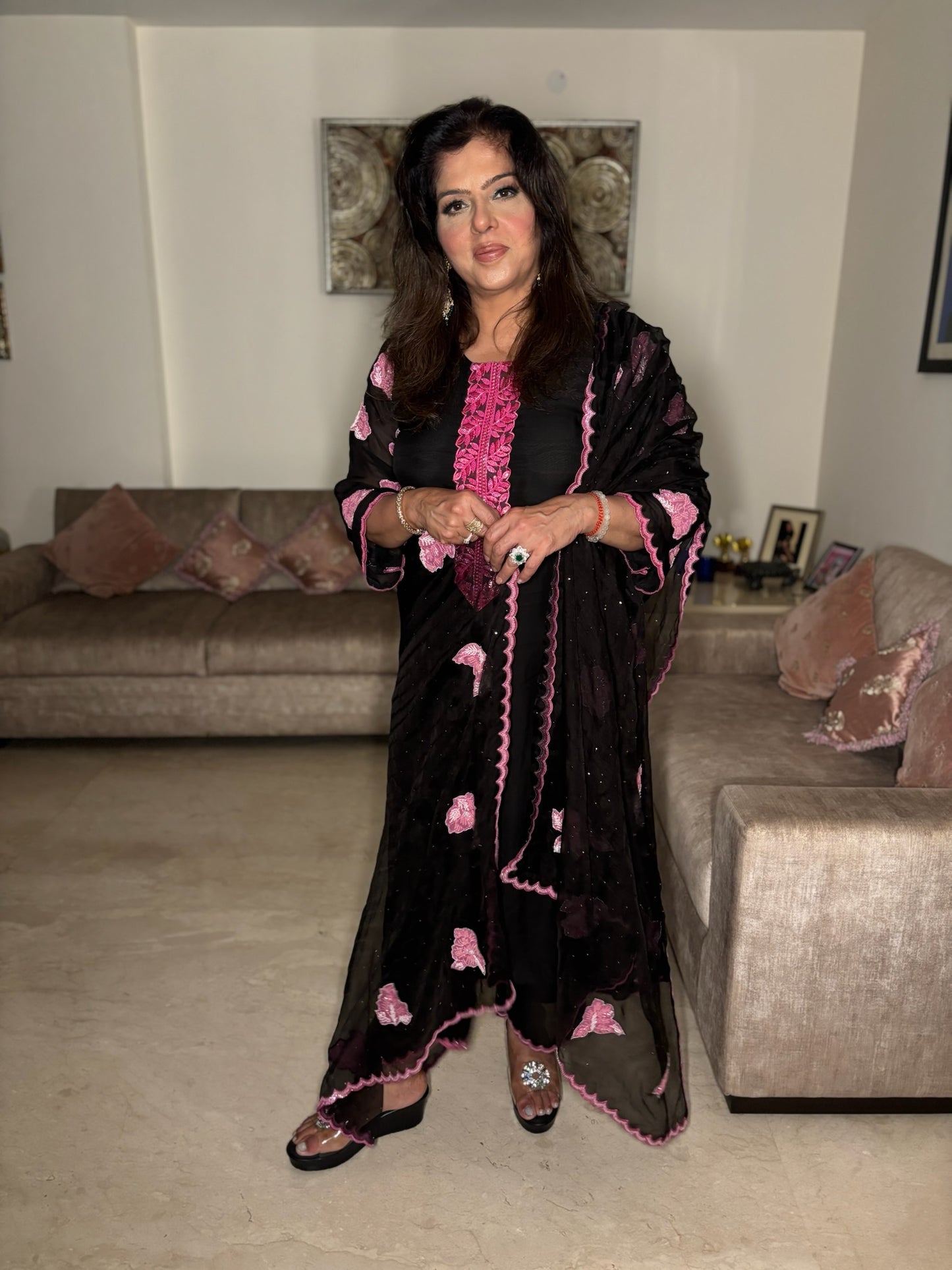 Black Suit with Pink Embroidery