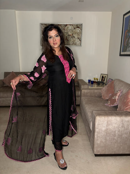 Black Suit with Pink Embroidery