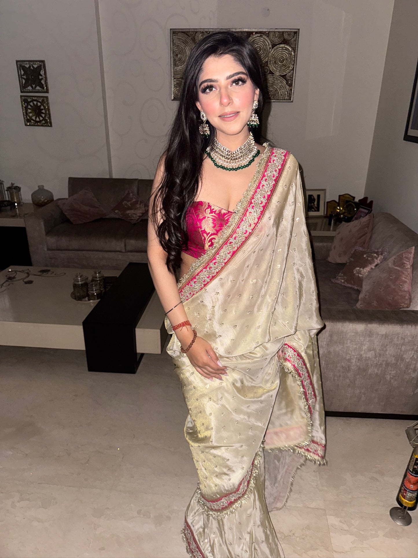 Ivory Saree - Hot Pink and Gold Border