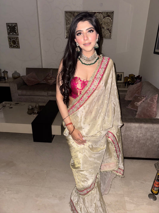 Ivory Saree - Hot Pink and Gold Border