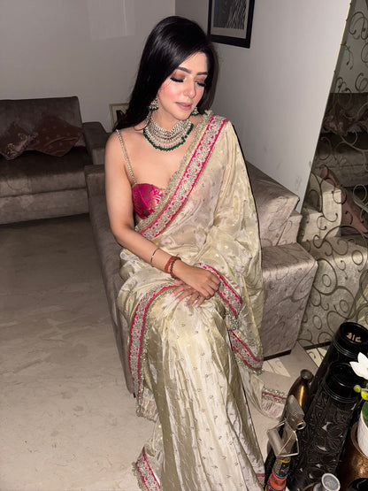 Ivory Saree - Hot Pink and Gold Border