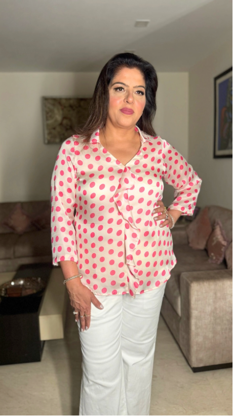 Long Sleeve Blouse - White Satin Top with Polka Dots