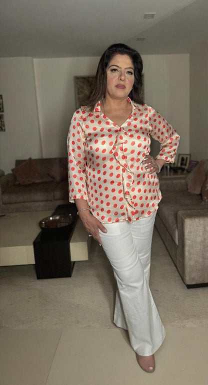 Long Sleeve Blouse - White Satin Top with Polka Dots